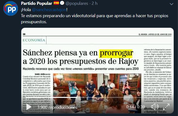 El PP se ríe de Sánchez en Twitter por ser incapaz de aprobar otros PGE