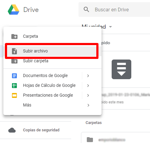 Subir archivos y carpetas a Google Drive