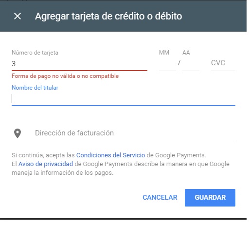 Tipos de pago no admitidos