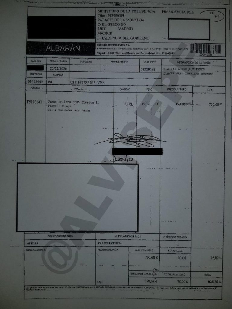 ¿Ha gastado Sánchez 800€ en jamón ibérico con nuestros impuestos? 1 Moncloa facturas jamon moncloa alvise