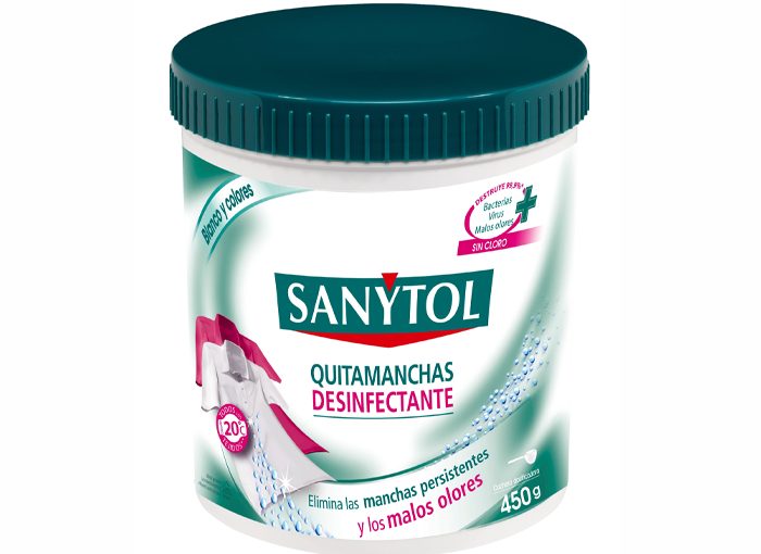 SANYTOL QUITAMANCHAS EN POLVO DESINFECTANTE PARA ELIMINAR EL COVID-19 DE LAS MASCARILLAS