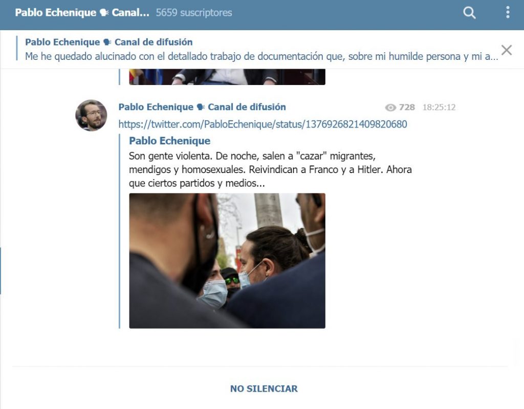 Captura del canal de difusión de los contenidos que publica Pablo Echenique en sus redes sociales