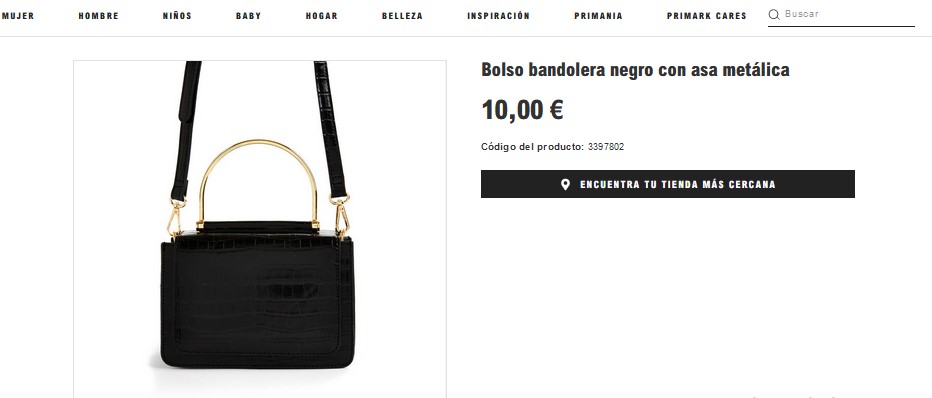 Bolso bandolero negro con asa metálica- Primark