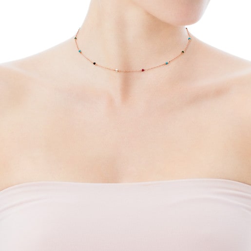 Collar de plata vermeil rosa con gemas multicolores 40cm. Super Power