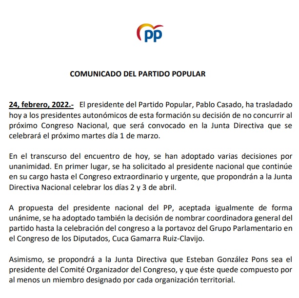 Pablo Casado seguirá hasta el Congreso que se convocará el próximo martes 1 Moncloa comunicado pp Moncloa