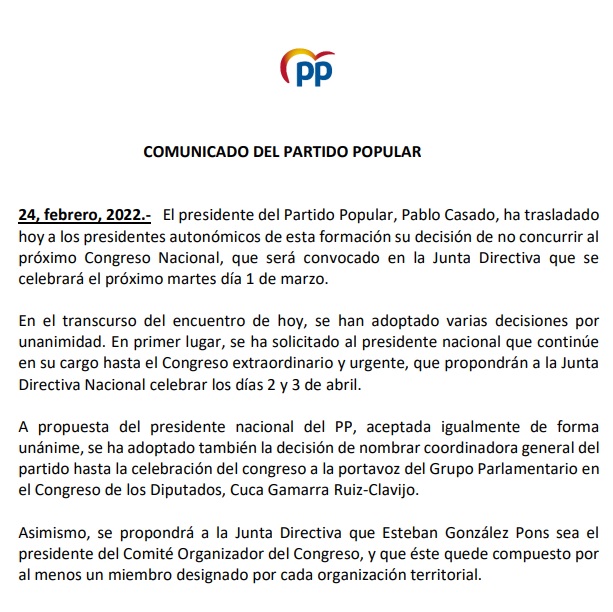 comunicado pp Moncloa