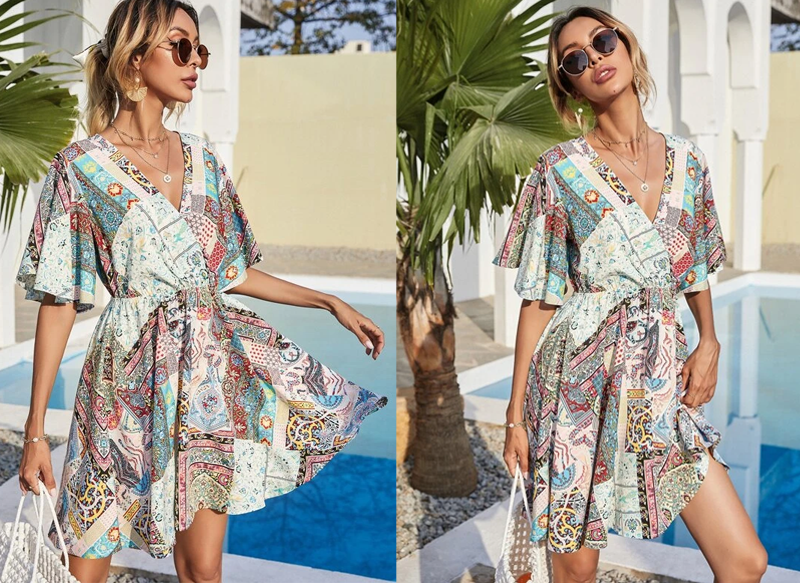 VESTIDO CRUZADO DE MANGA MARIPOSA CON RETAZO