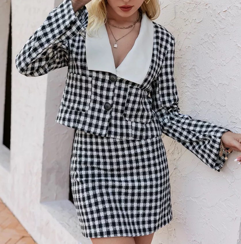 La blazer vintage de pata de gallo y pantalón a juego que te hará lucir ideal la tiene Aliexpress 7 Merca2.es traje falda