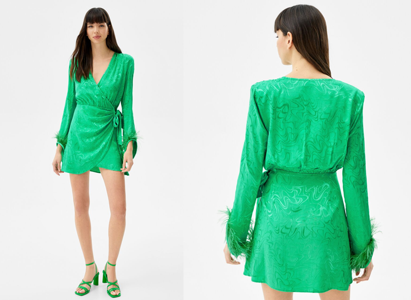 VESTIDO MINI SATINADO JACQUARD CRUZADO PLUMAS DE BERSHKA