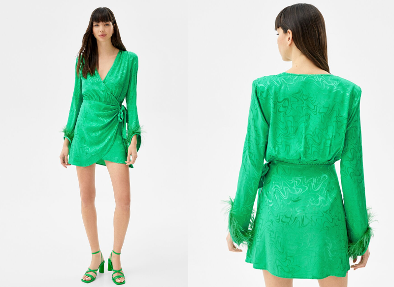 VESTIDO MINI SATINADO JACQUARD CRUZADO PLUMAS DE BERSHKA