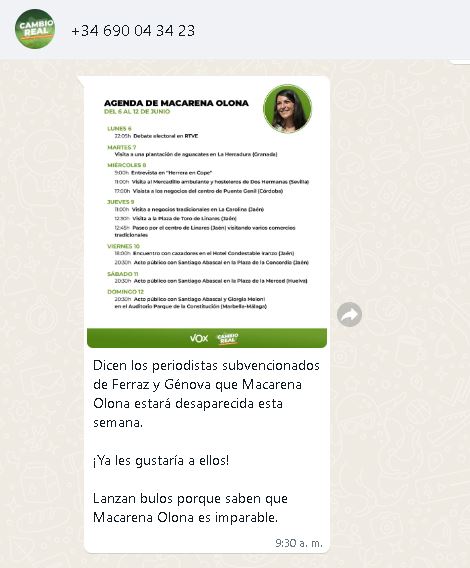 Macarena Olona imita a Pablo Iglesias diciendo que el PP y el PSOE tiene "periodistas subvencionados" 1 Moncloa Olona WhatsApp Moncloa