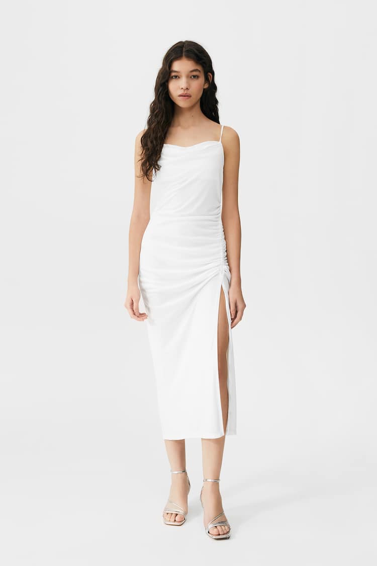 vestido midi drapeado blanco