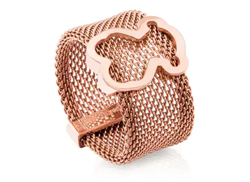 ANILLO DE ACERO Y PLATA VERMEIL ROSA MOTIVO SILUETA OSO MESH