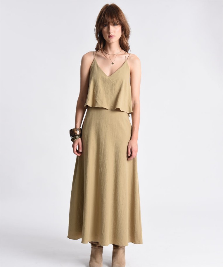 vestido largo doble tirantes y volantes