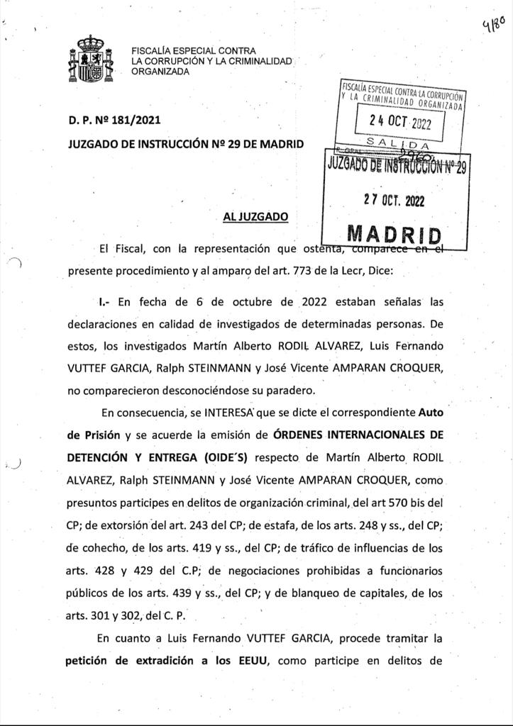 La Fiscalía Anticorrupción dictó en octubre pasado un auto de prisión de los incomparecientes Rodil, Steinmann, Vuteff y Amparán