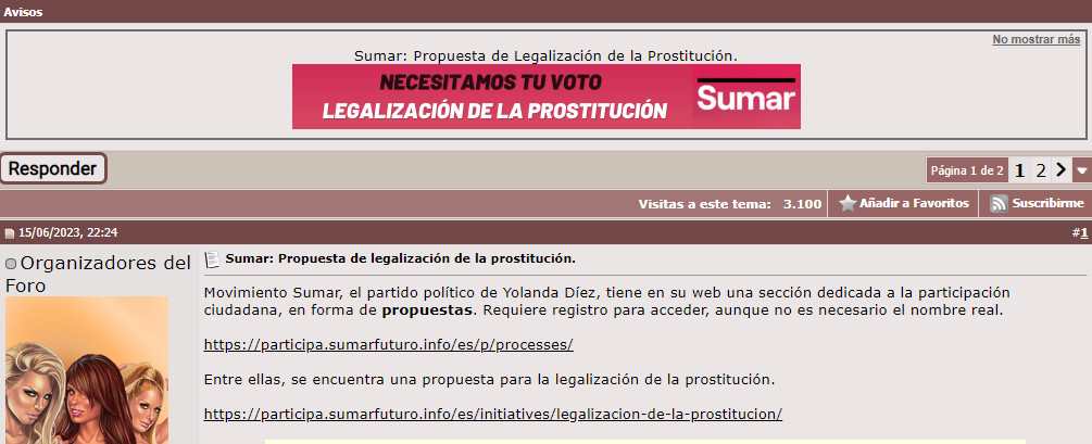 El polémico anuncio de Sumar, el partido de Yolanda Díaz, en una conocida web de prostitución