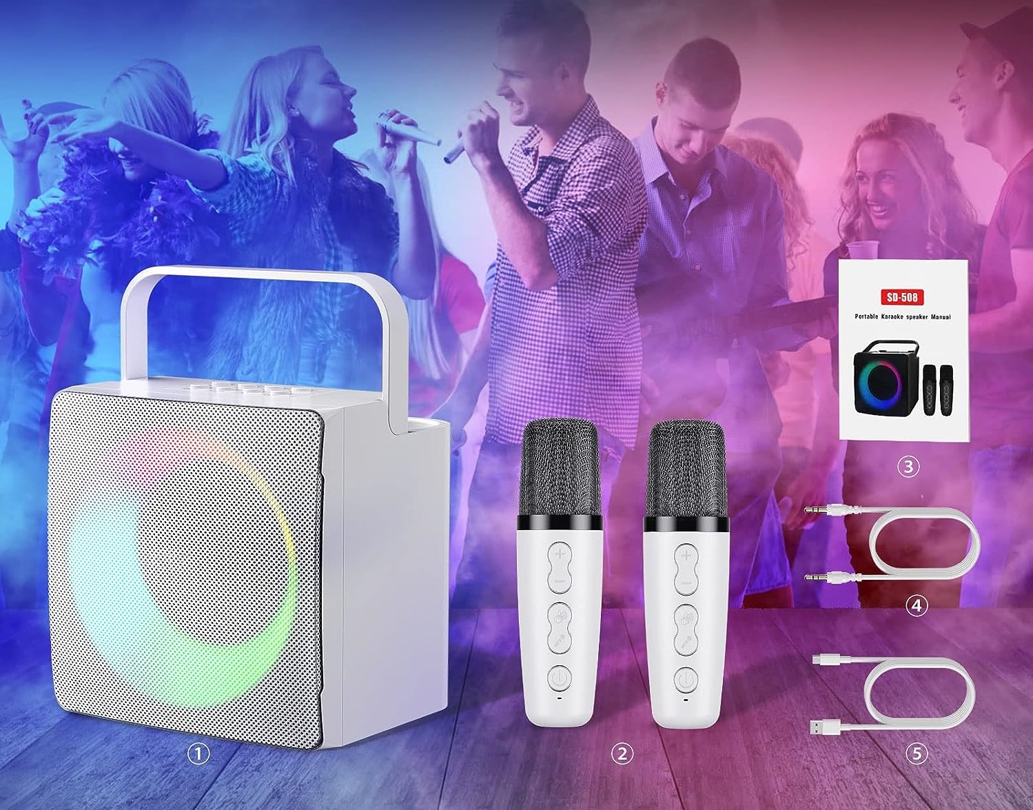 Mini Máquina de Karaoke con 2 Micrófonos Inalámbricos Máquina de Karaoke  Portátil con Micrófono Altavoz BT Efecto de Luz RGB Fácil de Usar Compacta  y Portátil