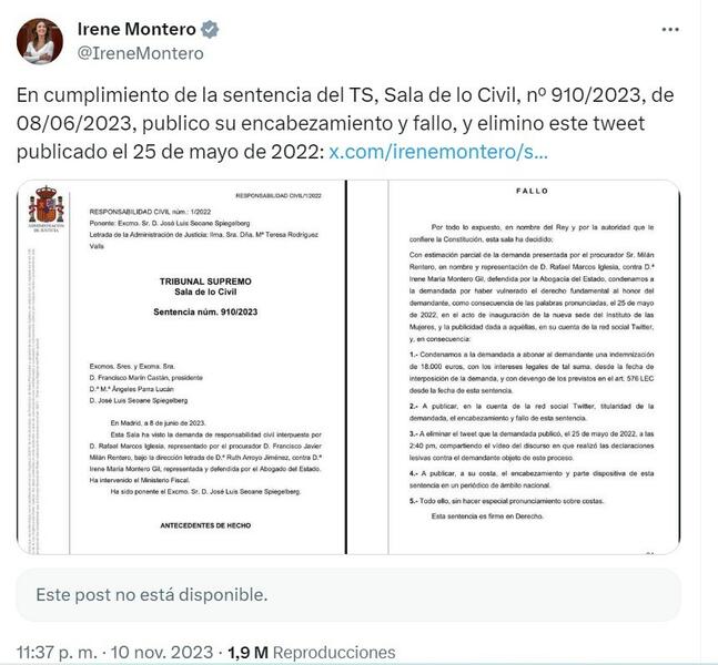 Irene Montero borra, por mandato judicial, el tuit en el que presentó como maltratador al exmarido de María Sevilla 1 Moncloa 20231111154841 Moncloa