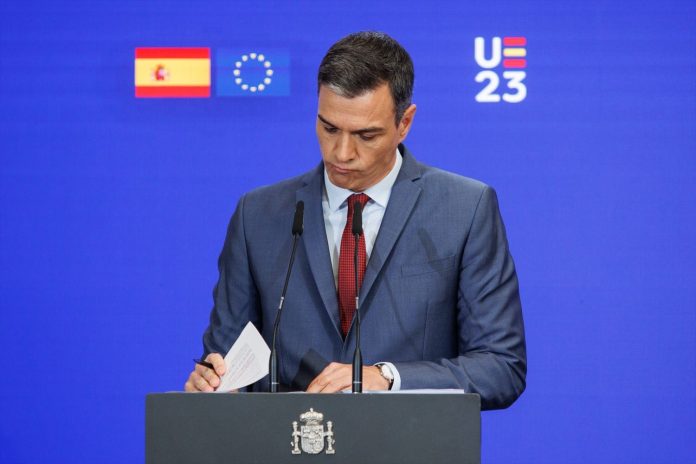 El presidente del Gobierno, Pedro Sánchez, durante la presentación de las prioridades de la Presidencia española del Consejo de la UE, en el Palacio de la Moncloa, a 15 de junio de 2023, en Madrid (España)