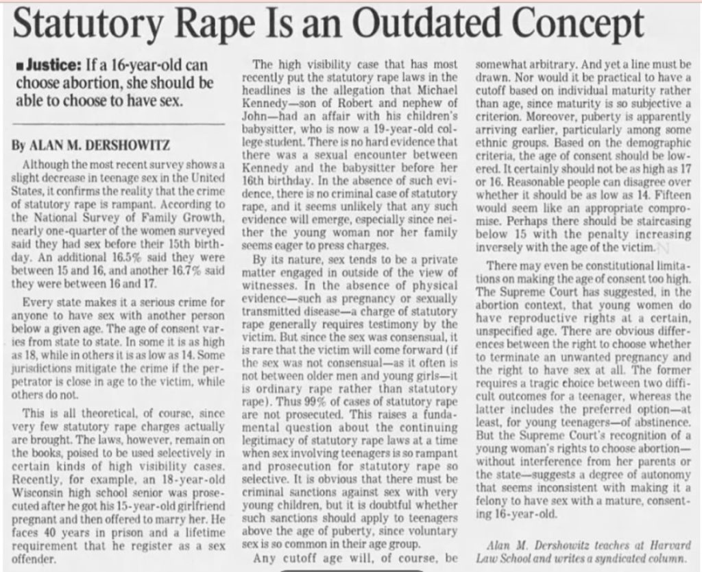 El sucio negocio de Epstein: cómo captaba a menores y de dónde salió su fortuna 3 Moncloa El artículo del abogado de Epstein y exprofesor de Harvard, Alan Dershowitz, en Los Angeles Times en 1997.