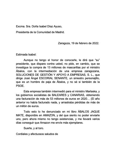Carta a Diaz Ayuso Moncloa