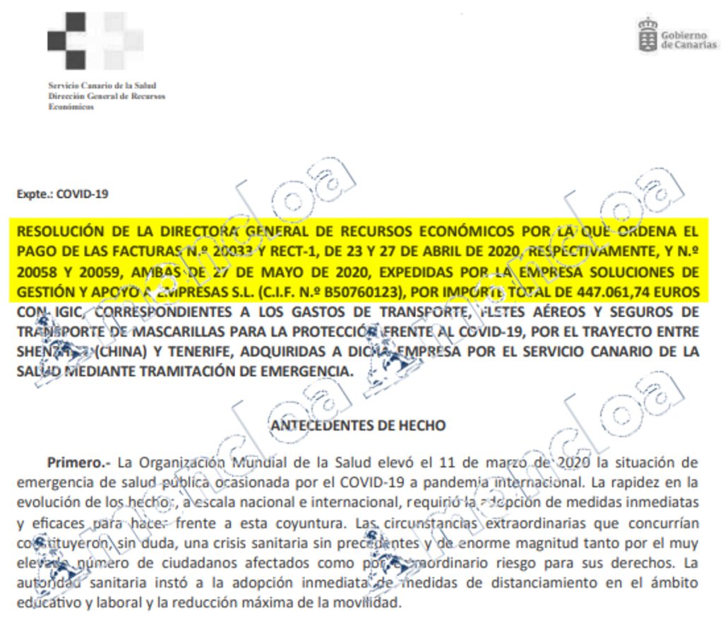 Orden de pago del Gobierno de Ángel  Víctor Torres sobre diversas facturas de Soluciones de gestión y apoyo a empresas