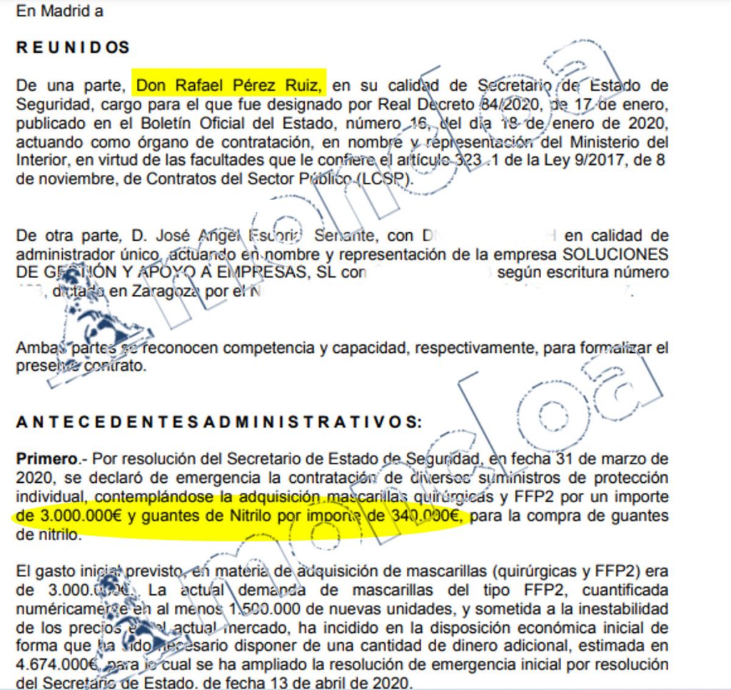Otro de los contratos del caso Mascarilla, de tres millones de euros, con todo un secretario de Estado de Seguridad