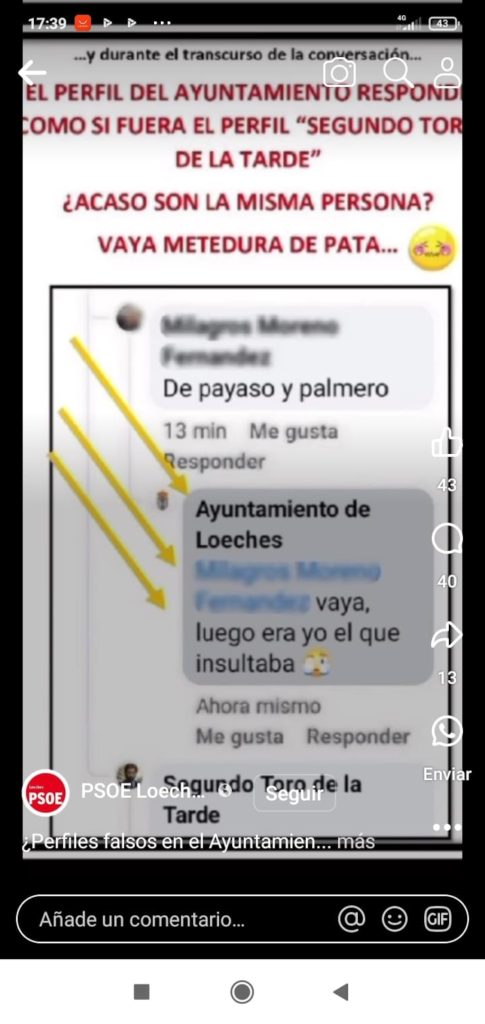 Captura que hizo el PSOE de Loeches con la contestación del perfil falso.