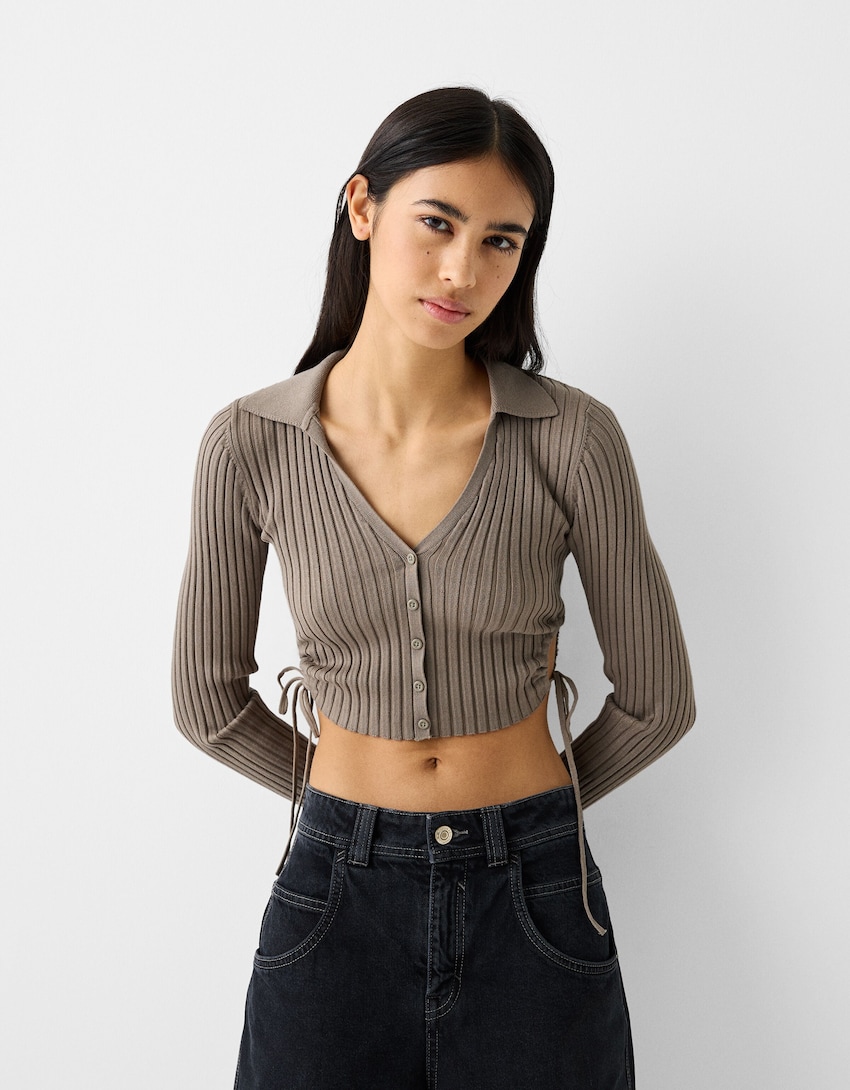 cardigan cuello polo frunces