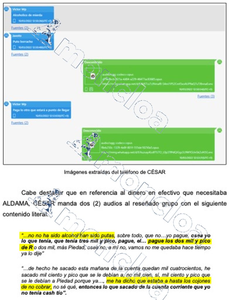 Los mensajes de la trama Koldo con referencia al gasto de dinero en prostitutas.