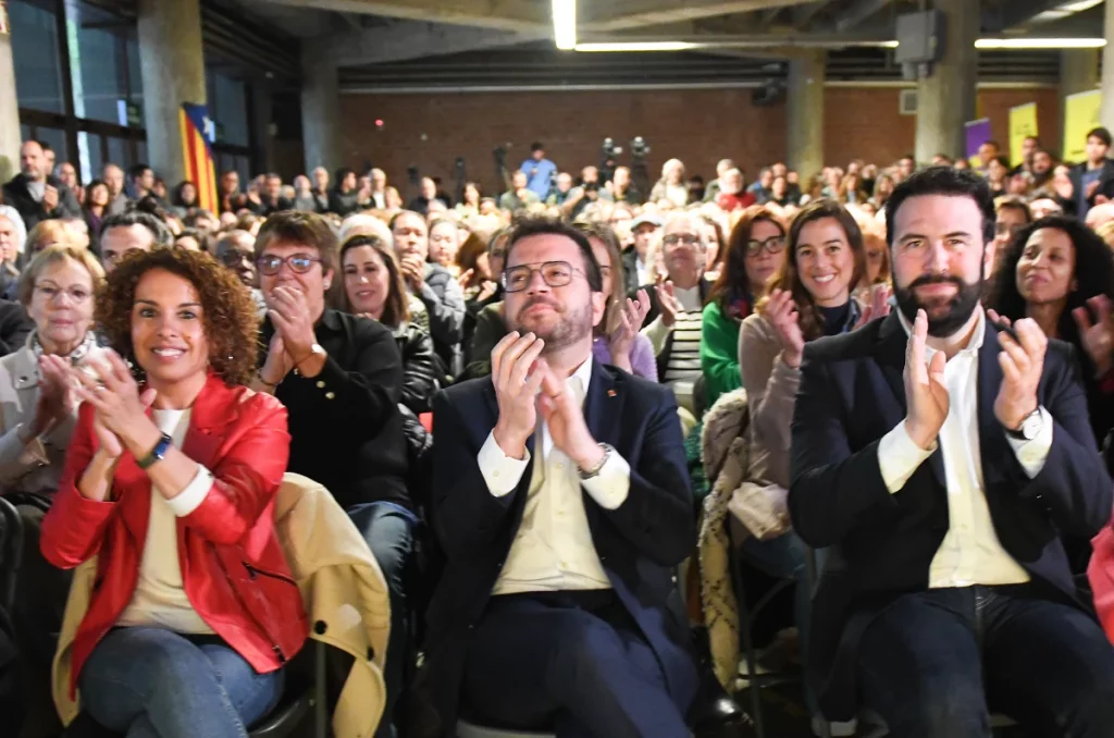 El presidente de la Generalitat, Pere Aragonès, en un mitin durante esta campaña del 12-M