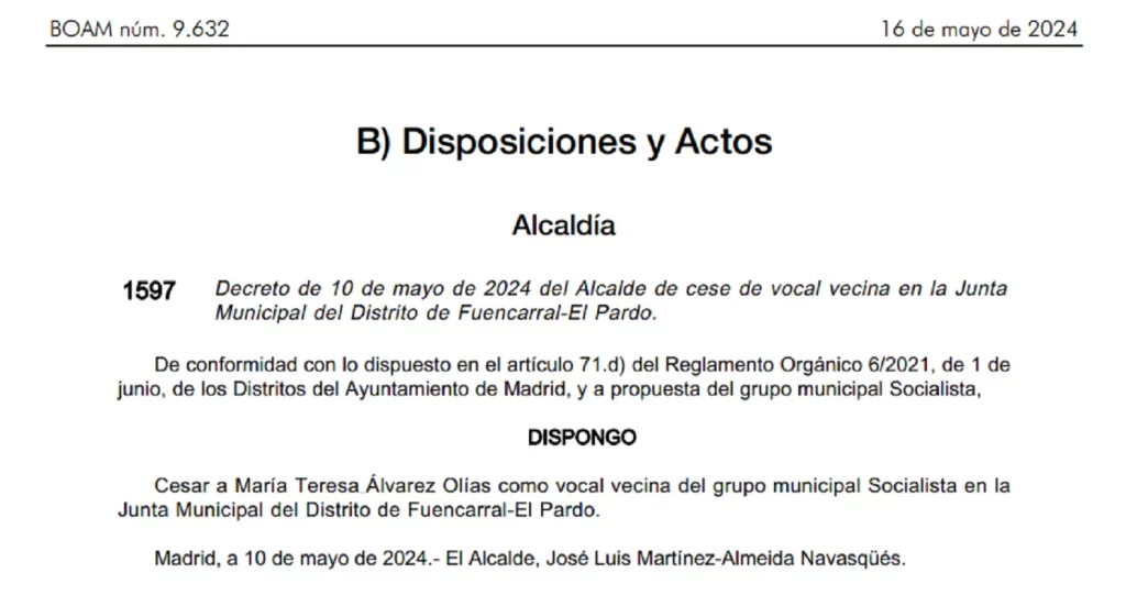 Álvarez Olías abandona su cargo en el PSOE por asuntos personales. | Foto: Boletín Oficial del Ayuntamiento de Madrid