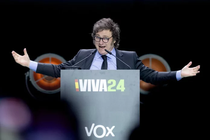 El presidente de Argentina, Javier Milei, durante el acto ‘Viva 24’ de VOX, en el Palacio de Vistalegre