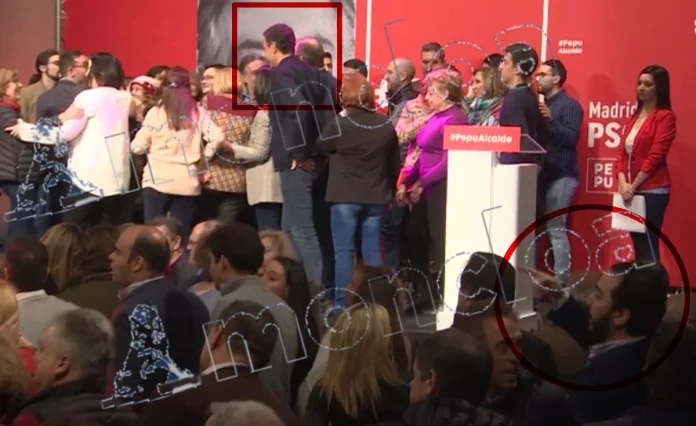 Víctor de Aldama, espectador de lujo en el mitin de Pedro Sánchez con 'Pepu Hernández', candidato del PSOE a la alcaldía de Madrid