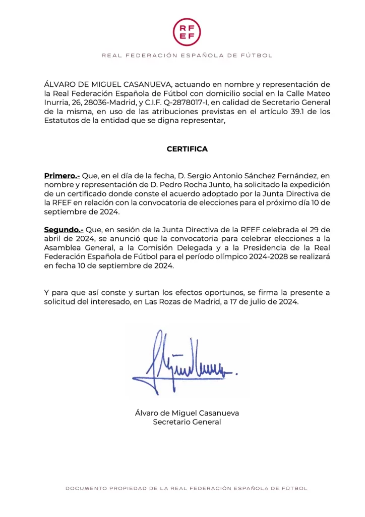 Así es la denuncia que el CSD elevará al TAD contra Rafael Louzán, candidato a la RFEF 2 Moncloa CERTIFICADO ELECCIONES SEPTIEMBRE 24 RFEF Moncloa