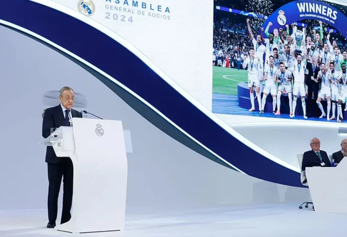 Florentino Pérez, presidente del Real Madrid, en la Asamblea General 2024 ante los socios compromisarios