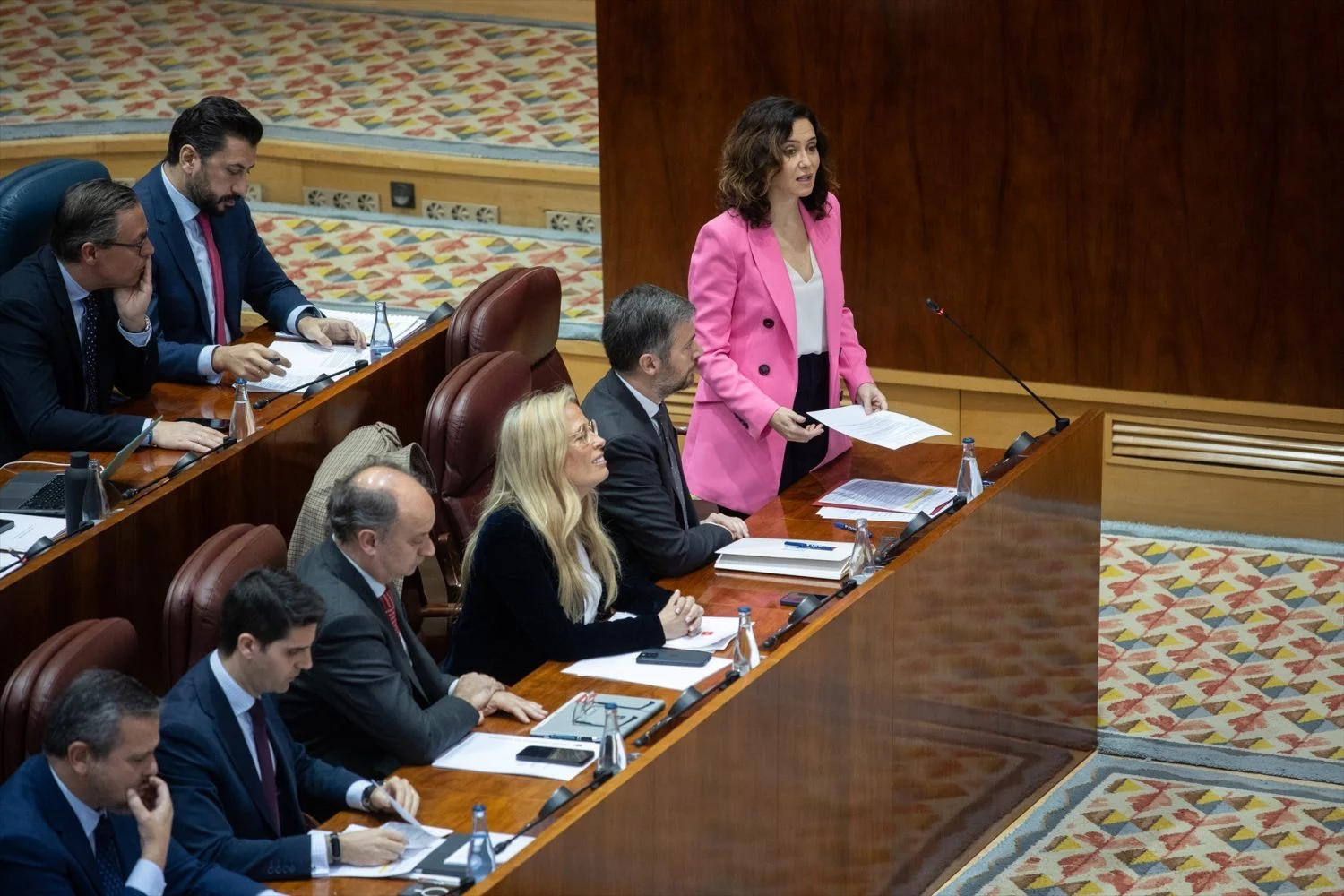 La presidenta de la Comunidad de Madrid, Isabel Díaz Ayuso, interviene durante un pleno en la Asamblea de Madrid, a 6 de febrero de 2025, en Madrid (Fuente: Agencias)