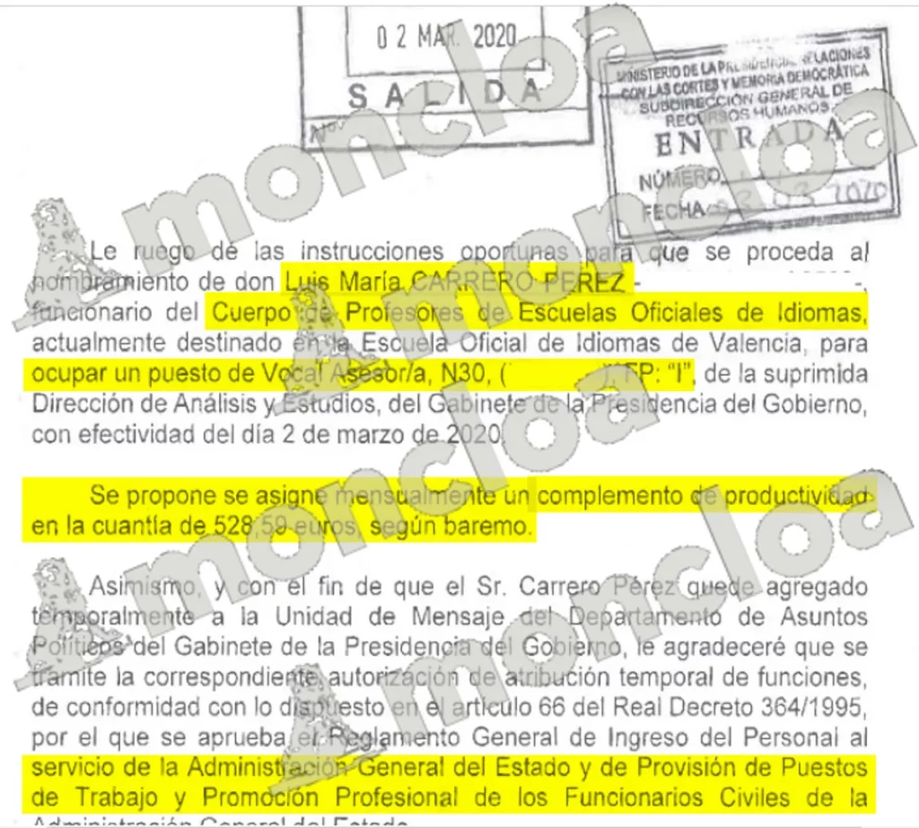 Presidencia subió el sueldo en más de 6.300 € anuales al asesor de David Sánchez 1 Moncloa El informe de Presidencia enviado a la magistrada Beatriz Biedma sobre el funcionario Luis Carrero. Fuente: MONCLOA.COM