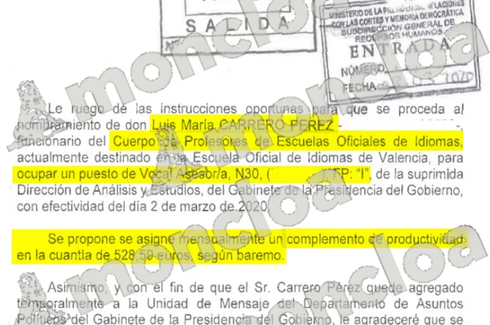 Extracto del informe de Presidencia enviado a la magistrada Beatriz Biedma sobre el funcionario Luis Carrero. Fuente: MONCLOA.COM