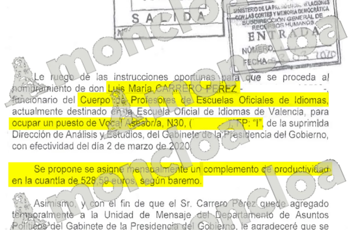 Extracto del informe de Presidencia enviado a la magistrada Beatriz Biedma sobre el funcionario Luis Carrero. Fuente: MONCLOA.COM