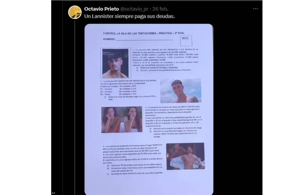 Un profesor la lía en su examen con La Isla de las Tentaciones y las redes estallan 3 Moncloa Las mejores frases sobre La Isla de las Tentaciones