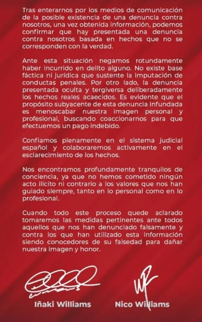 La querella contra Iñaki y Nico Williams: «Actuaban con un ilícito ánimo de enriquecerse» 2 Moncloa COMUNICADO Moncloa