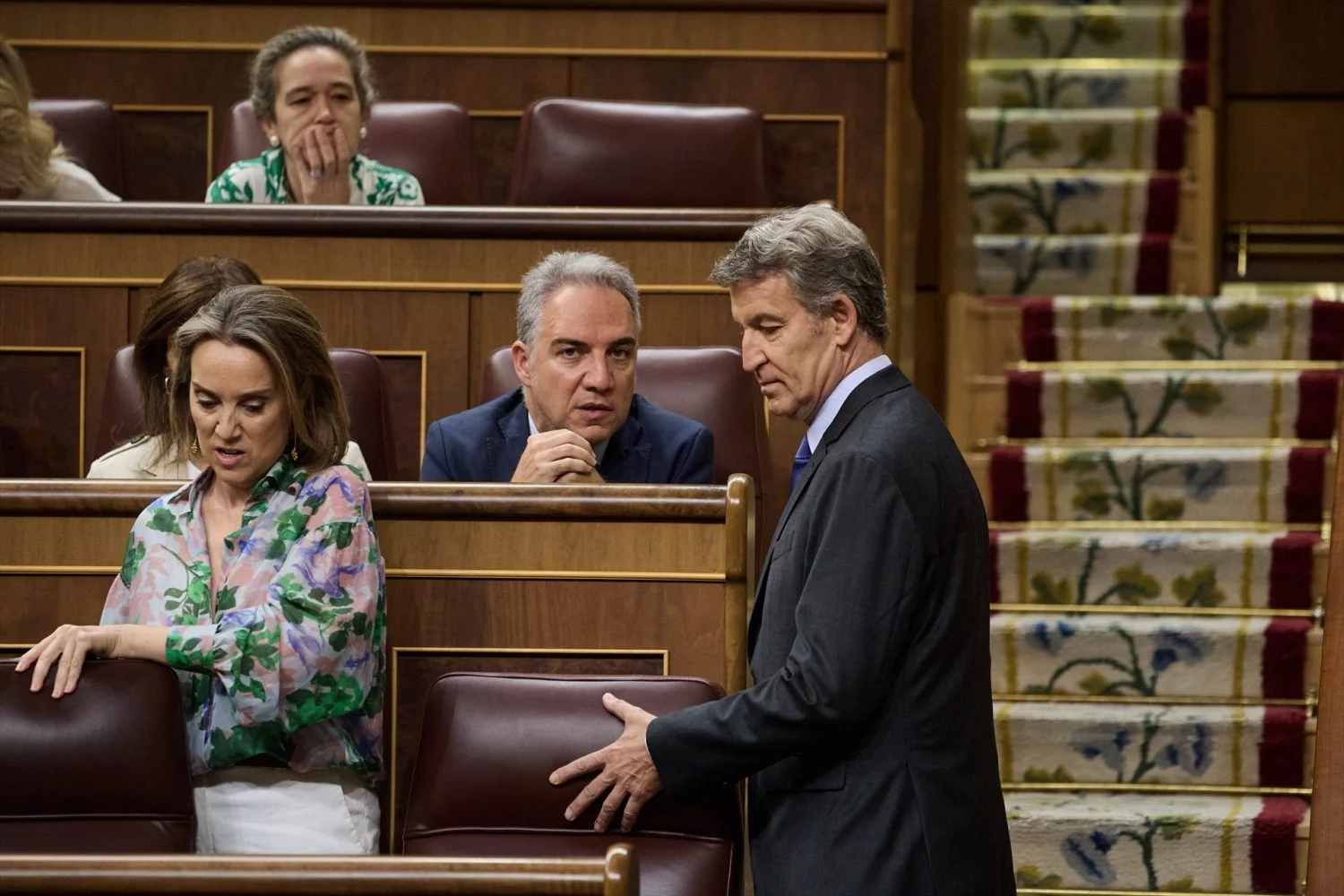 La secretaria general del PP, Cuca Gamarra y el presidente del PP, ALberto Núñez Feijóo, durante un pleno en el Congreso de los Diputados, a 25 de junio de 2025 (Fuente: Agencias)