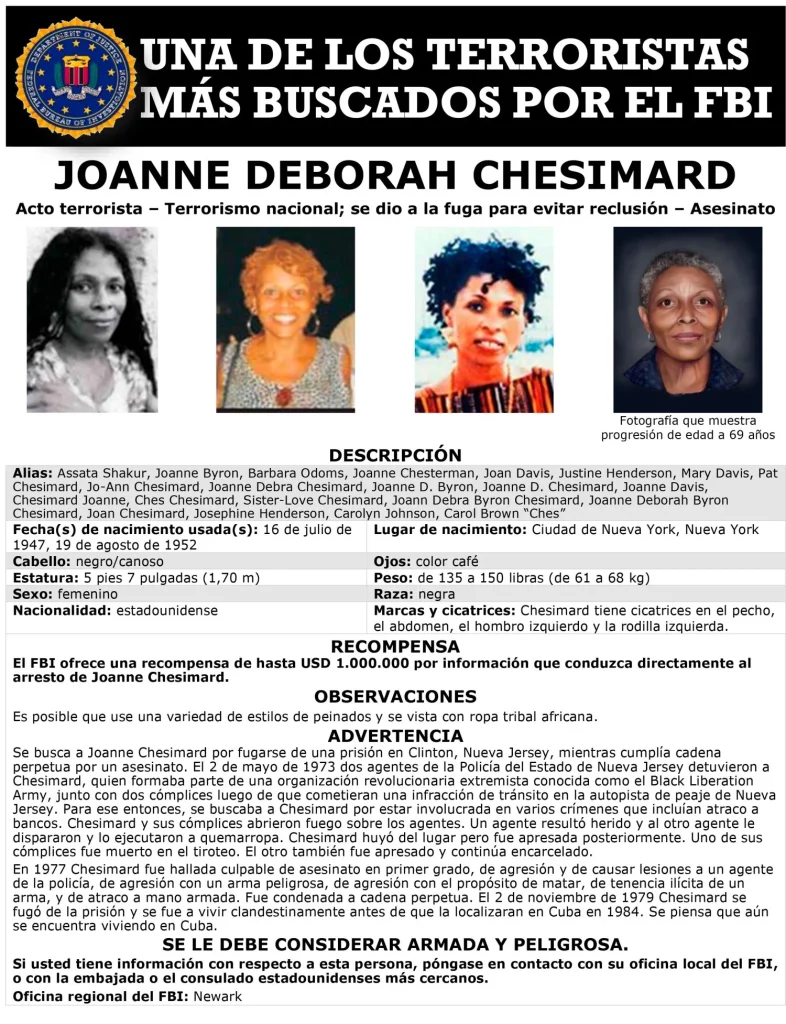 Dos mujeres entran en la lista de los terroristas 'más buscados' por el FBI 1 Moncloa Joanne Deborah Chesimard EN ESPANOL Moncloa