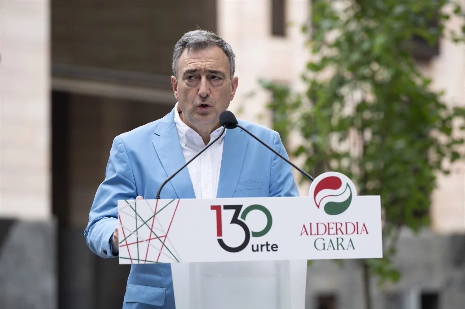 El presidente del EBB del PNV, Aitor Esteban, durante su intervención en la celebración del 130 aniversario de la fundación de EAJ-PNV, a 28 de julio de 2025, en Bilbao (Fuente: Agencias)