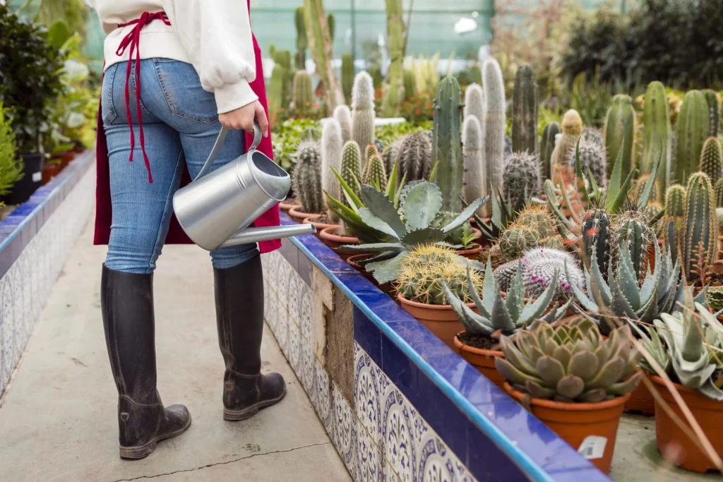 mujer regando cactus en invernadero Moncloa